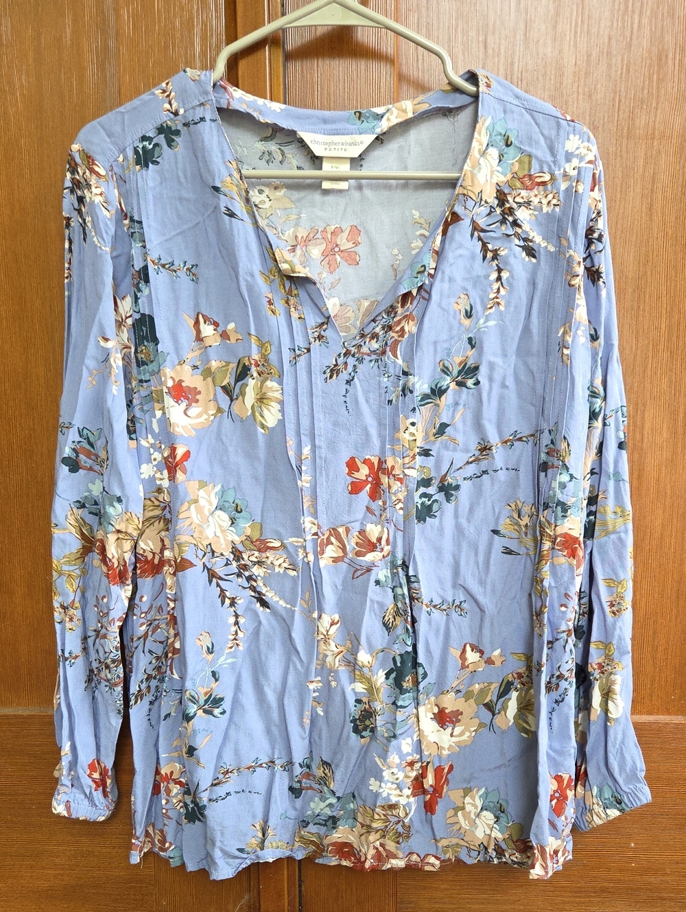 Christopher & Banks Light Blue Floral V-Neck Button Blouse
